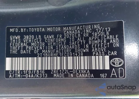 2014 Toyota Corolla Le из США, поврежденный, VIN 2T1BURHE1EC091438